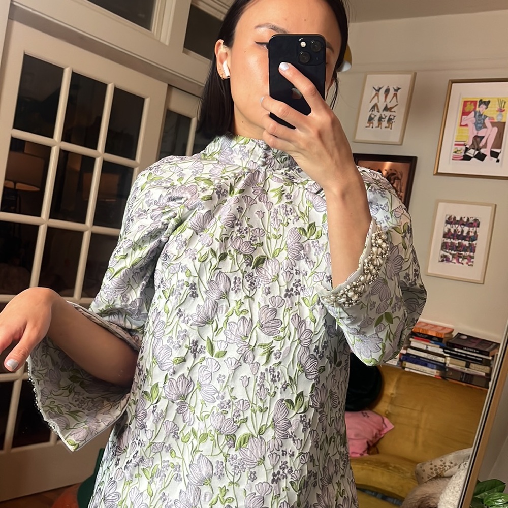 Sister Jane Floral High-Neck Long Sleeve Dress in Light Green and Lilac